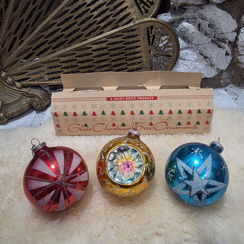 SHINY BRITE Christmas Ornaments Indent Mercury Glass Stencil Balls Lot of 3 Box